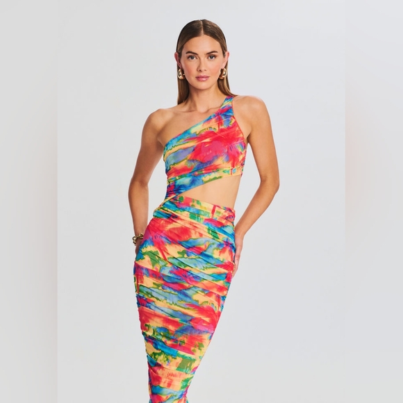 13. SER.O.YA IMANI CUTOUT MIDI DRESS IN ABSTRACT PALM - Picture 2 of 9